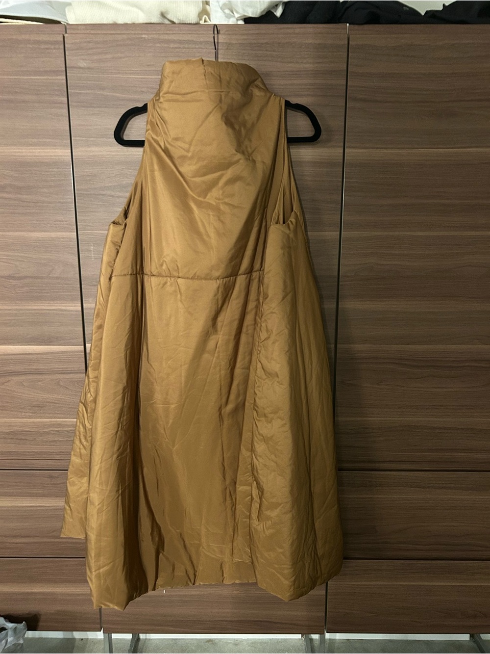 Women's Quilted Sleeveless Puffer Vest - Camel, Midi length, high neck.